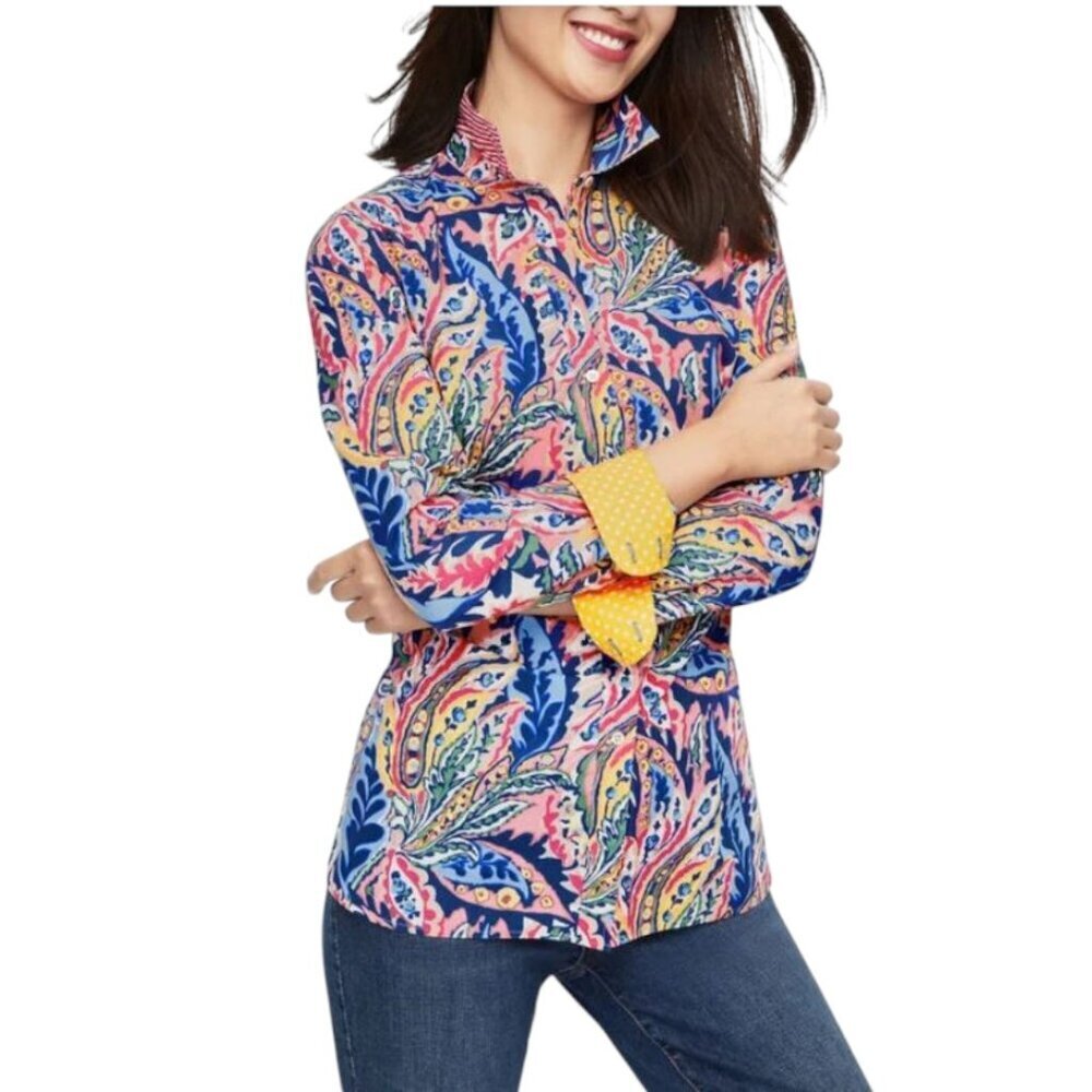 Talbots Women's  Long Sleeve Button Up Shirt Botanical Paisley Blue Pink 1X EUC